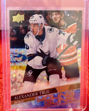 Alexander True 2020-21 UD Young Guns Speckled Rainbow Foil #225, San Jose Sharks, rookie card, NHL, foil parallel.