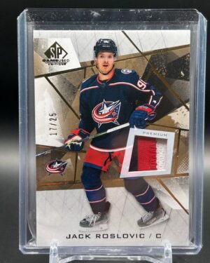 2021-22 SP Game Used Jack Roslovic rookie patch RC #87/25, featuring a 3-color Columbus Blue Jackets patch, serial numbered and highly collectible for NHL and Blue Jackets fans.