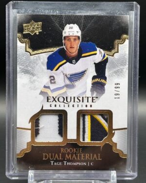 2017-18 UD Exquisite Rookie Dual Patch #RD-TT Tage Thompson card with two game-used patches, serial numbered to 99