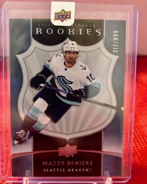 Matty Beniers 2022-23 UD Artifacts Rookie Card #1/999, Seattle Kraken, NHL, limited edition, rookie card.
