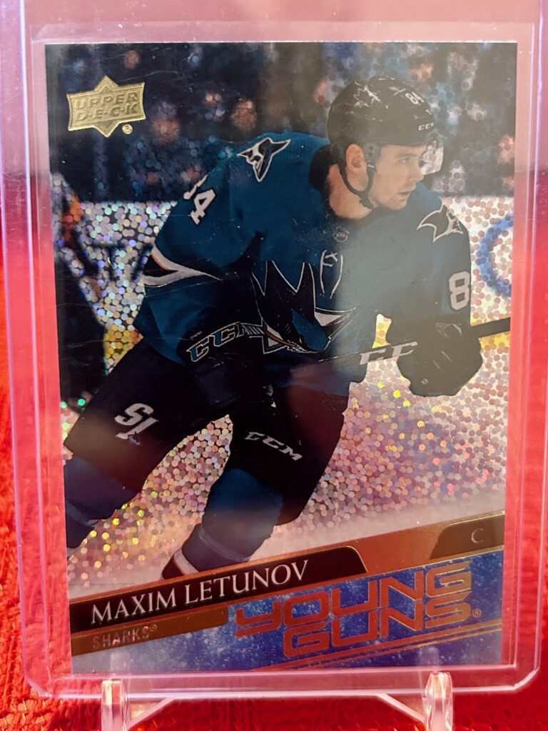 Maxim Letunov 2020-21 UD Young Guns Speckled Rainbow Foil #487, San Jose Sharks, rookie card, NHL, foil parallel.