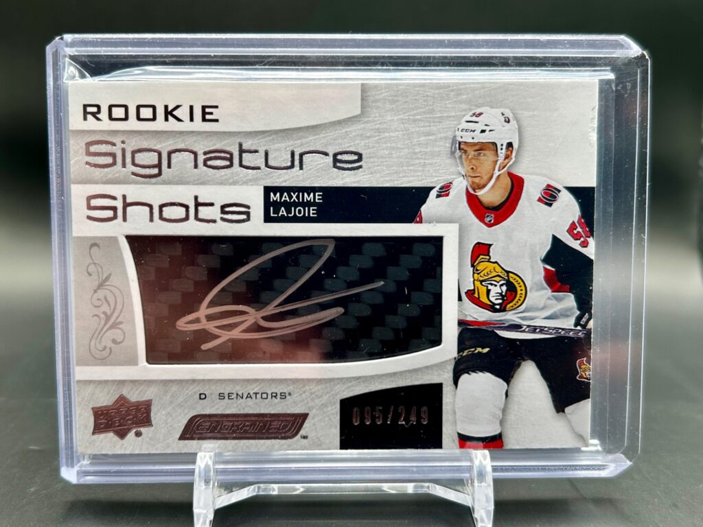 Maxime Lajoie 2018-19 Upper Deck Engrained Rookie Signature Shots rookie autograph hockey card