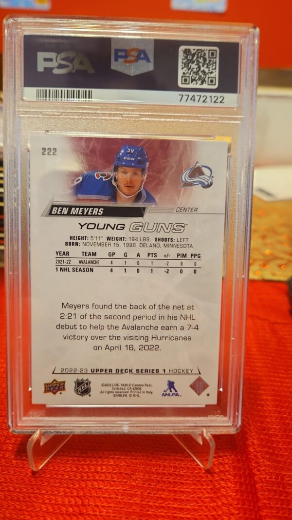 2022-23 Upper Deck Young Guns #222 Ben Meyers PSA 10 Gem Mint Rookie – Colorado Avalanche - Image 2