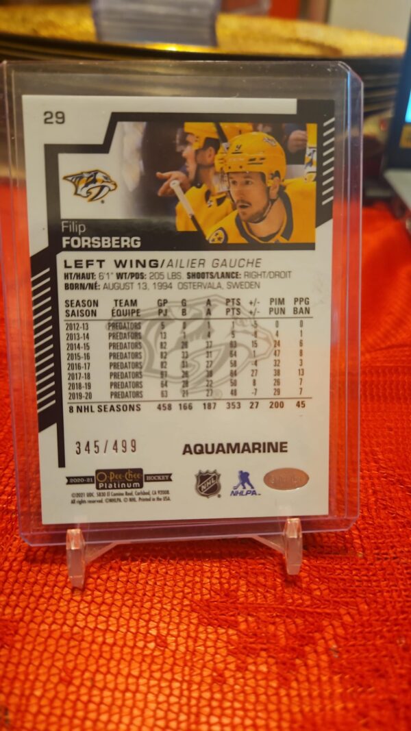 2020 O-PEE-CHEE Platinum Aquamarine Filip Forsberg 345/499 #29 - Image 2