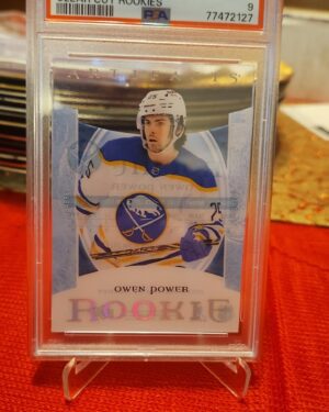 2022 Upper Deck Artifacts Owen Power Clear Cut #CCR30 rookie card, graded PSA 9, featuring a premium acetate design and Buffalo Sabres rookie from the Artifacts set.