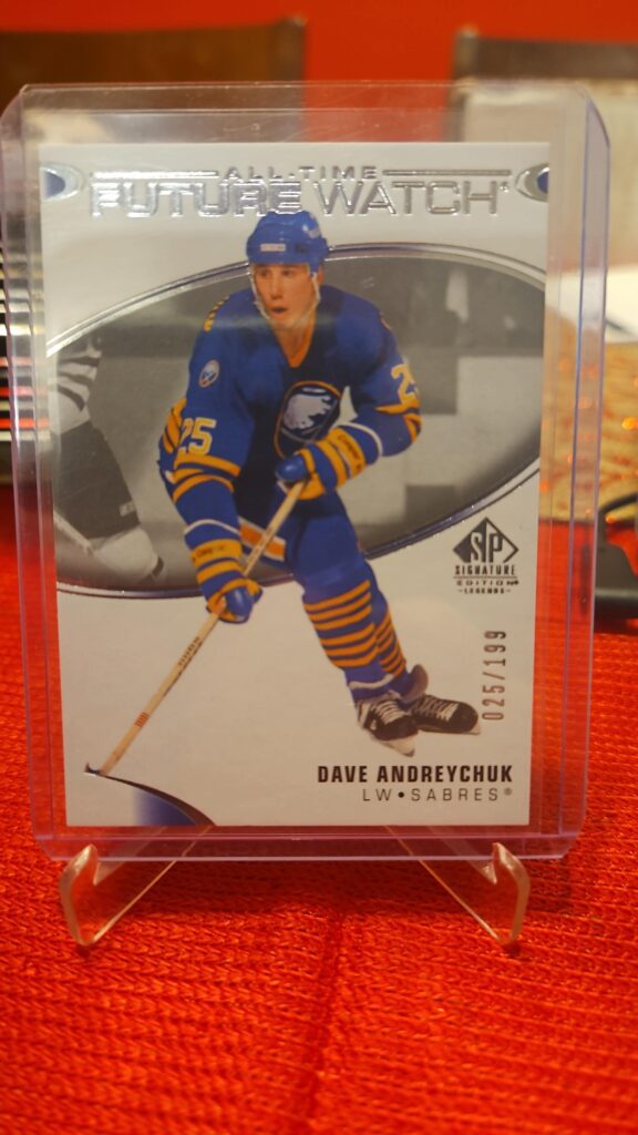 2020-21 SP Authentic All-Time Future Watch card #363 featuring Dave Andreychuk of the Buffalo Sabres, serial numbered 025/199, a premium limited-edition collectible highly sought after by NHL fans and Sabres collectors.