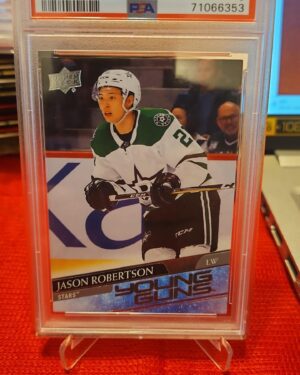 2020-21 Upper Deck Young Guns Jason Robertson #235 rookie card, graded PSA 9, featuring the Dallas Stars standout in action, a top NHL rookie release from the Young Guns series.