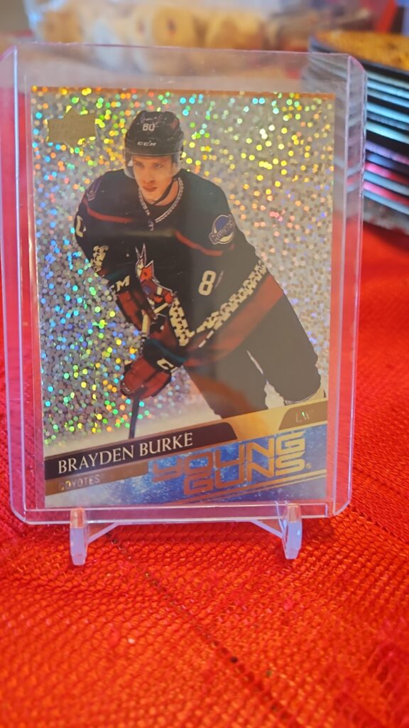 2020-21 Upper Deck Young Guns Rainbow Speckled Foil Brayden Burke rookie card #499, Arizona Coyotes, rare parallel, hockey collectible