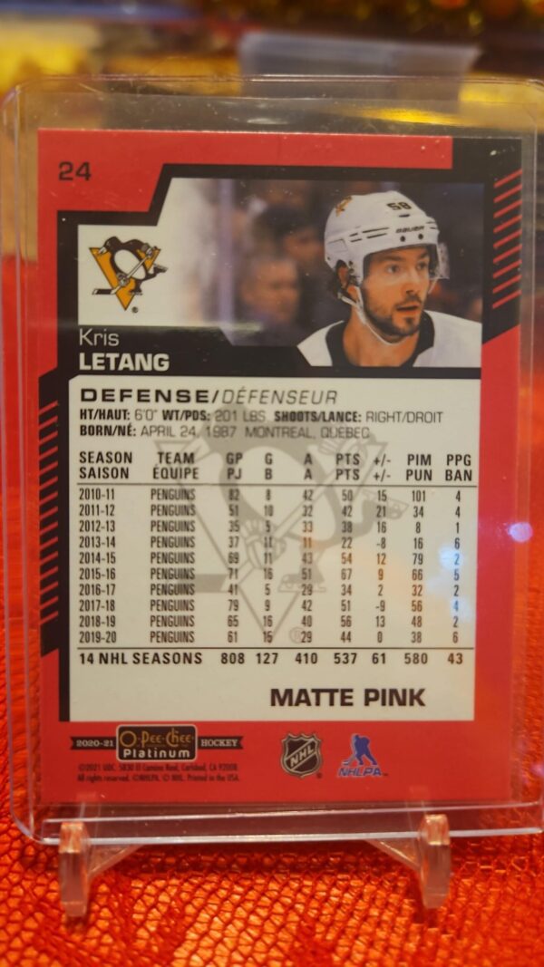 2020-21 o-pee-chee platinum Matte Pink Kris Letang #24 - Image 2