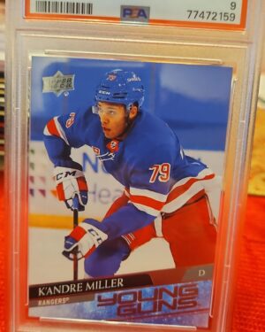 2020-21 Upper Deck Young Guns K'Andre Miller #469 rookie card, graded PSA 9, featuring the New York Rangers defenseman in action, iconic Young Guns rookie status, and crisp photography from Upper Deck.