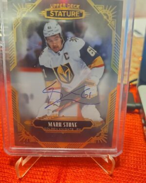 2020-21 Upper Deck Stature Autograph card #63 featuring Mark Stone of the Vegas Golden Knights, a premium hard-signed autograph card highly sought after by NHL collectors.