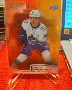 2021-22 Upper Deck Allure Red Orange #R-4 Vasily Podkolzin rookie card, Vancouver Canucks, rare NHL parallel
