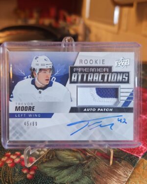 2019-20 Upper Deck Premier Rookie Premier Attractions Patch Auto /99 #PA-TM Trevor Moore rookie card, Toronto Maple Leafs, multi-color patch, on-card autograph