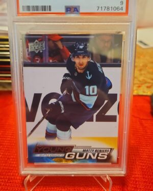 2022-23 Upper Deck Young Guns Matty Beniers #213 rookie card, PSA 9 graded, featuring Seattle Kraken star and iconic Young Guns design, perfect for collectors.