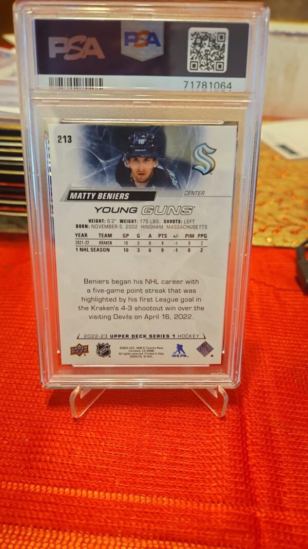 2022-23 Upper Deck Young Guns Matty Beniers Rookie Card #213 PSA 9 Seattle Kraken - Image 3