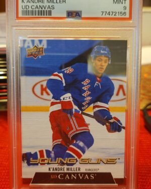 2021 Upper Deck Young Guns Canvas rookie card #C235 featuring K’Andre Miller of the New York Rangers, graded PSA 9, a premium parallel highly sought after by NHL collectors.