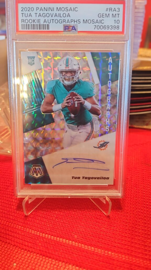 2020 Panini Mosaic Silver Rookie Auto #RA3 Tua Tagovailoa PSA 10 football card with autograph