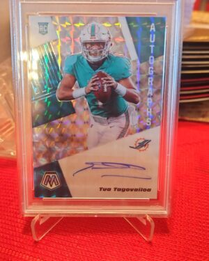 2020 Panini Mosaic Silver Rookie Auto #RA3 Tua Tagovailoa PSA 10 football card with autograph