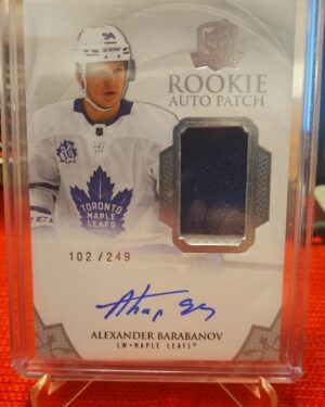 2020-21 Upper Deck The Cup Alexander Barabanov Rookie Patch Auto /249 #167, featuring a bold on-card autograph and a vibrant multi-color Toronto Maple Leafs patch, serial numbered out of 249, from Upper Deck’s high-end The Cup set.