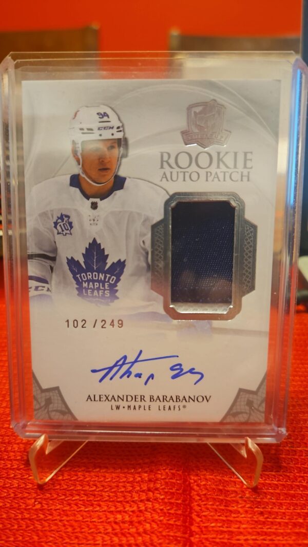 2020-21 Upper Deck The Cup Alexander Barabanov Rookie Patch Auto /249 #167, featuring a bold on-card autograph and a vibrant multi-color Toronto Maple Leafs patch, serial numbered out of 249, from Upper Deck’s high-end The Cup set.