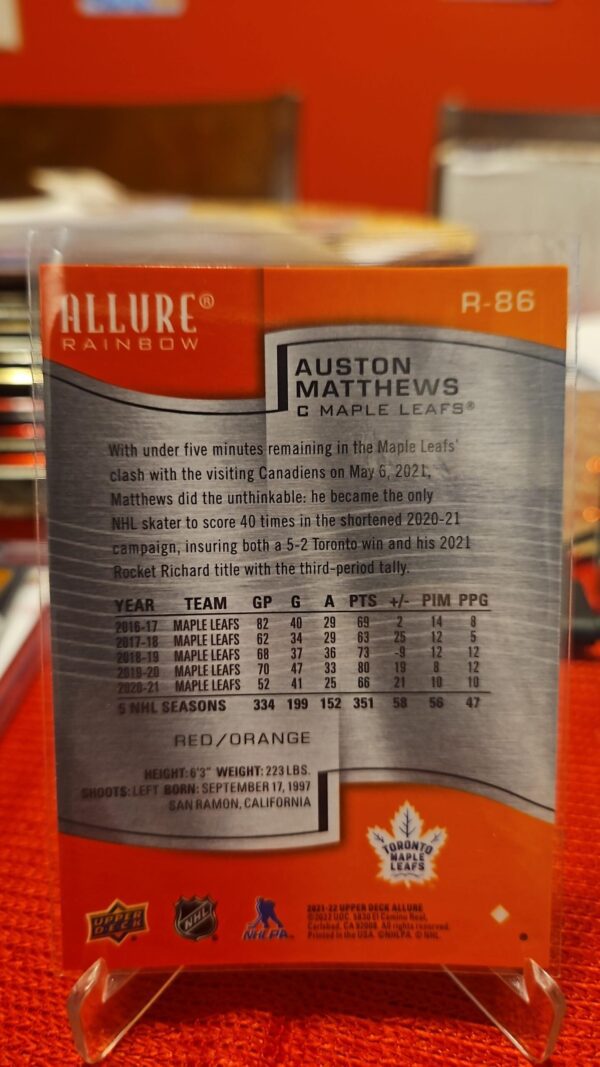2021-22 Upper Deck Allure Red/Orange Auston Matthews #r-86 - Image 2