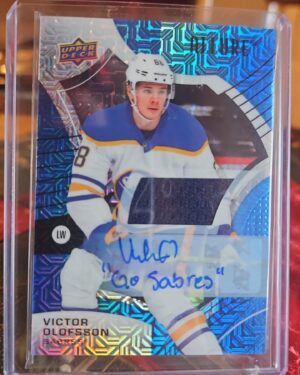 2021-22 Upper Deck Allure Auto Patch card #51 featuring Victor Olofsson of the Buffalo Sabres, serial numbered 01/25, a premium hard-signed autograph patch card highly sought after by NHL collectors.