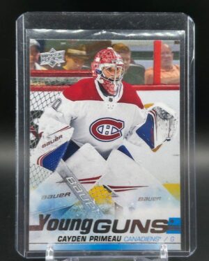 This image displays the 2019-20 Upper Deck Young Guns Series 2 Cayden Primeau rookie card #454, a must-have collectible for Montreal Canadiens and NHL rookie card enthusiasts