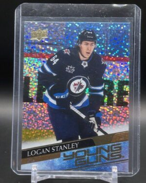 2020-21 Upper Deck Young Guns Extended Series Speckled Rainbow Foil rookie card #703 featuring Logan Stanley of the Winnipeg Jets, a rare and visually striking parallel highly sought after by NHL collectors for its rookie status and unique finish.