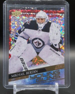 2020-21 Upper Deck Young Guns Speckled Rainbow Foil Mikhail Berdin #242 rookie card, featuring a vibrant foil parallel finish, standout Young Guns rookie status, and Winnipeg Jets goaltender in action from Series 1.