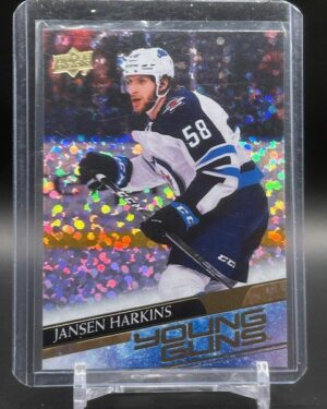 2020-21 Upper Deck Young Guns Speckled Rainbow Foil Jansen Harkins #229 rookie card, featuring a vibrant foil parallel finish, standout Young Guns rookie status, and Winnipeg Jets forward in action from Series 1.