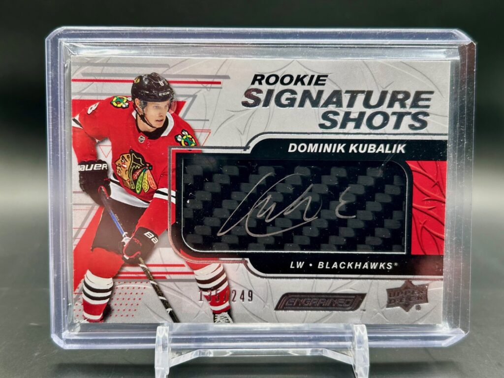 2019-20 Upper Deck Engrained Signature Shots Dominik Kubalik rookie autograph card #RSS-DK, serial numbered /249, Chicago Blackhawks, hockey collectible