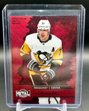 2020 Metal Universe Red Precious Metal Gems Evgeni Malkin /100 #71, showing a vibrant red foil finish, serial numbered out of 100, and featuring the Pittsburgh Penguins star in action from the rare PMG parallel set.