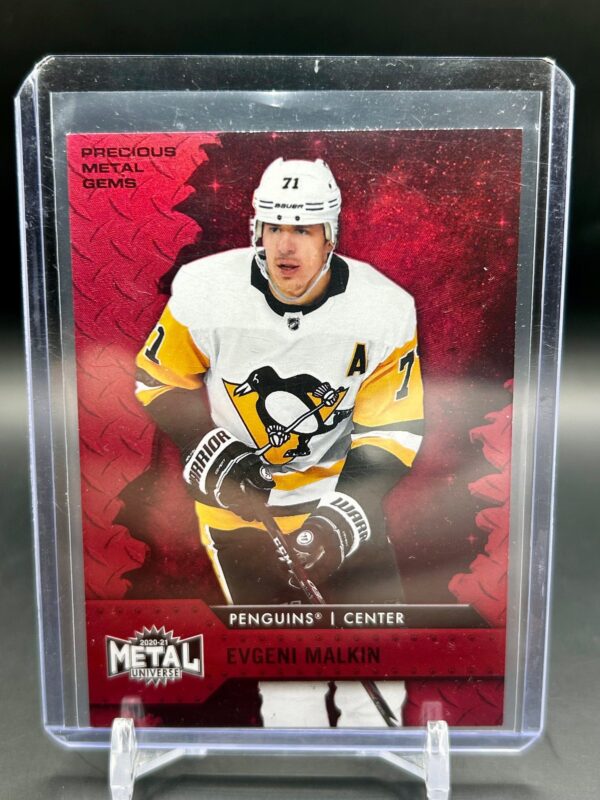 2020 Metal Universe Red Precious Metal Gems Evgeni Malkin /100 #71, showing a vibrant red foil finish, serial numbered out of 100, and featuring the Pittsburgh Penguins star in action from the rare PMG parallel set.