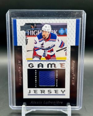 2021-22 Upper Deck 25th Anniversary Game Jersey card #GJ25A-3 featuring Alexis Lafreniere of the New York Rangers, a premium game-worn memorabilia card highly sought after by NHL collectors.