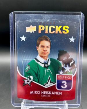 2021-22 Upper Deck Series 1 Clear Picks Miro Heiskanen #CP-2, clear acetate insert card featuring Miro Heiskanen in Dallas Stars uniform, a key collectible for hockey card enthusiasts.
