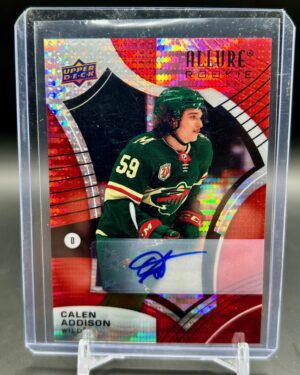 2021-22 Upper Deck Allure Red Rainbow Rookie Autograph card #133 featuring Calen Addison of the Minnesota Wild, a premium hard-signed rookie card highly sought after by NHL collectors.