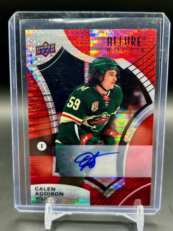 2021-22 Upper Deck Allure Red Rainbow Rookie Autograph card #133 featuring Calen Addison of the Minnesota Wild, a premium hard-signed rookie card highly sought after by NHL collectors.