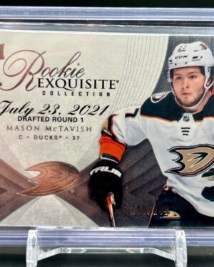 2021-22 Exquisite Collection Rookie card #07R-MM of Mason McTavish, serial numbered to 299, featuring the Anaheim Ducks top prospect in a premium, limited-edition design highly sought after by NHL collectors.