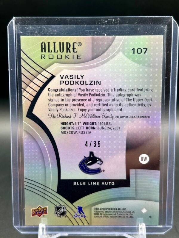 2021-22 Upper Deck Allure Blue Line Rookie Auto #107 Vasily Podkolzin /35 - Image 2