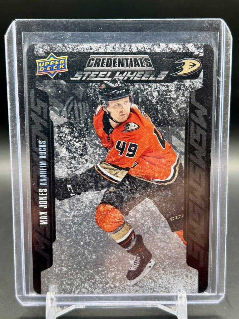 2019-20 Upper Deck Credentials Steel Wheels #SW-24 Max Jones rookie, Anaheim Ducks, metal card, mint