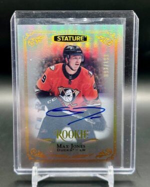 Max Jones 2019-20 UD Stature Rookie Auto #196/199, Anaheim Ducks, hard-signed autograph, limited edition, hockey rookie card.