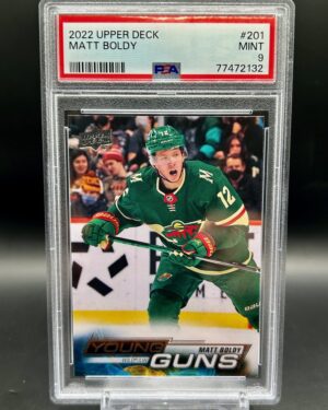 2022-23 Upper Deck Young Guns rookie card #201 featuring Matt Boldy of the Minnesota Wild, graded PSA 9, a highly collectible card sought after by NHL fans and rookie card collectors.