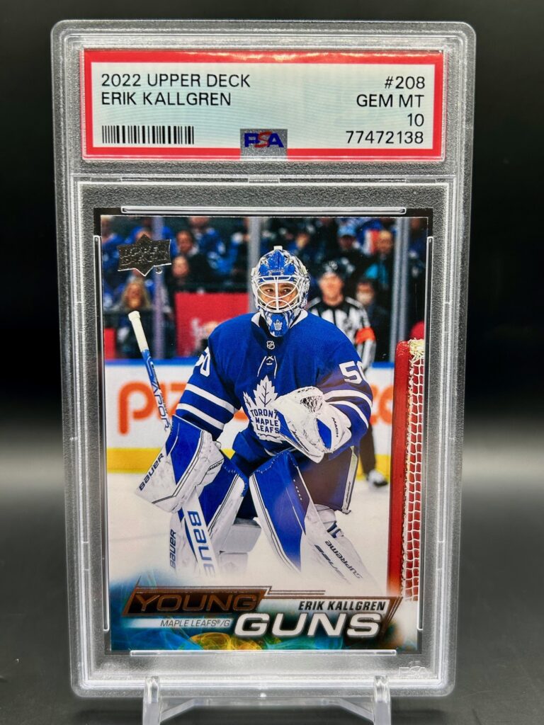 2022-23 Upper Deck Young Guns Erik Kallgren #208 rookie card, graded PSA 10, featuring the Toronto Maple Leafs goaltender in action, iconic Young Guns rookie status, and crisp Upper Deck photography.