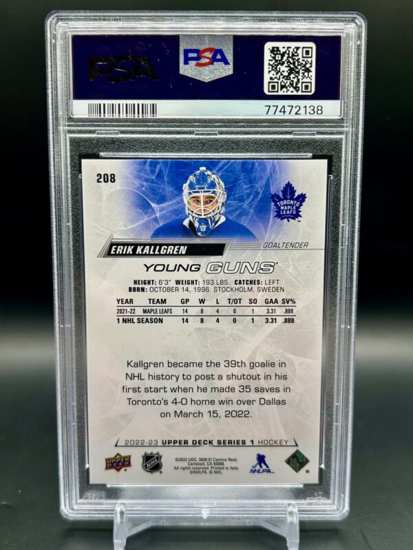 2022-23 Upper Deck young guns Erik Kallgren #208 psa 10 - Image 2