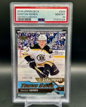 2016 Upper Deck Exclusive Young Guns #209 Danton Heinen rookie card serial numbered /100, graded PSA 10