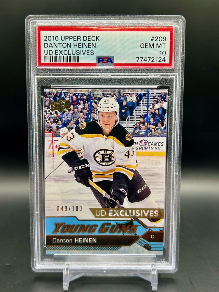 2016 Upper Deck Exclusive Young Guns #209 Danton Heinen rookie card serial numbered /100, graded PSA 10