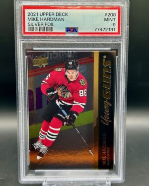 2021-22 Upper Deck Young Guns Silver Foil Mike Hardman #208 rookie card, graded PSA 9, featuring the rare silver foil parallel, Chicago Blackhawks forward, and iconic Young Guns rookie status.