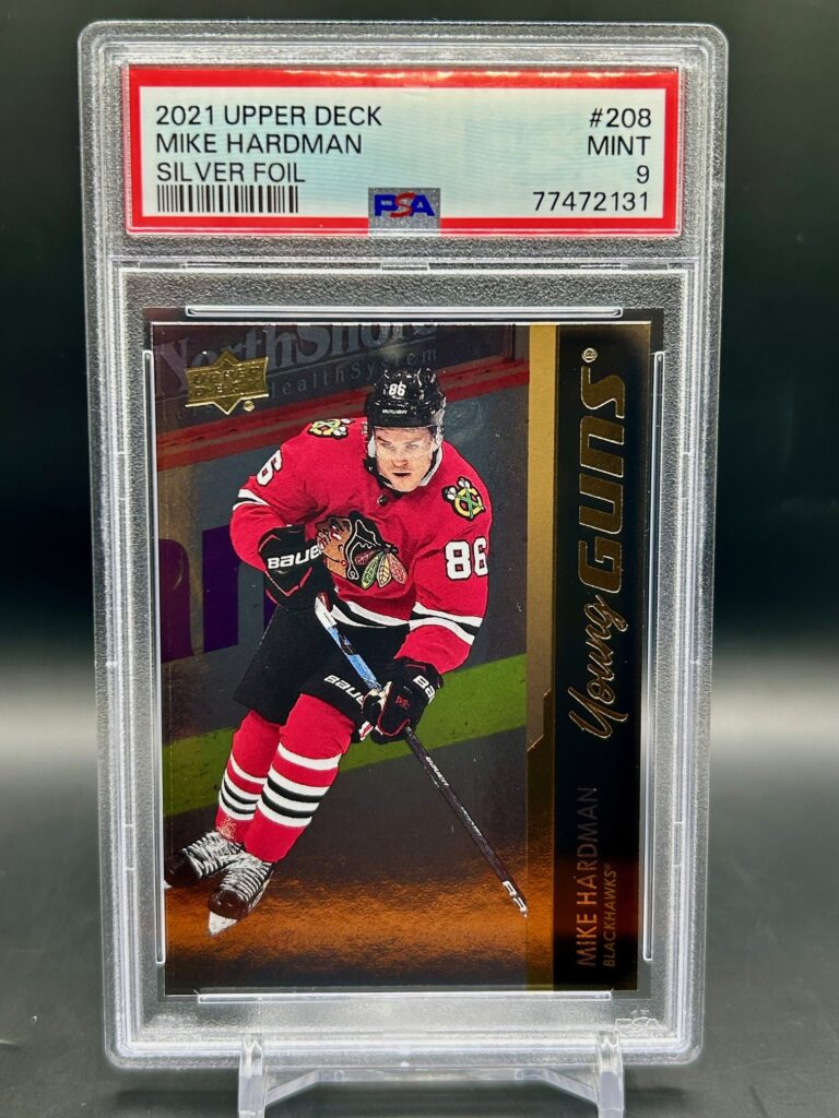 2021-22 Upper Deck Young Guns Silver Foil Mike Hardman #208 rookie card, graded PSA 9, featuring the rare silver foil parallel, Chicago Blackhawks forward, and iconic Young Guns rookie status.