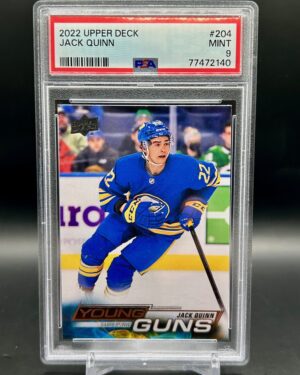 2022-23 Upper Deck Young Guns Jack Quinn #204 rookie card, PSA 9 graded, featuring Buffalo Sabres forward and iconic Young Guns design, perfect for collectors.