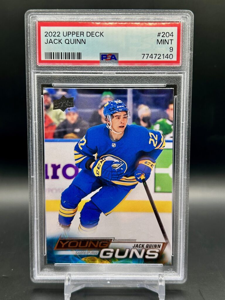 2022-23 Upper Deck Young Guns Jack Quinn #204 rookie card, PSA 9 graded, featuring Buffalo Sabres forward and iconic Young Guns design, perfect for collectors.
